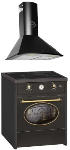 GURARI Herdset GCH E 612 BL r + GCH 046 BL 6, Retro Induktions Standherd 60 cm, Range Coocker, 60 L, Schwarz + Dunstabzugshaube, Wandhaube 60 cm, 1000m3/h, Schwarz, Abluft/Umluft Haube