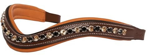 Exion Curved Crystal Browband for Horses – Soft Padded Bling English Bridle Brow Band | Dressage, Show, Jumping | Black, Brown | Black & Golden Crystal Browband For Horses