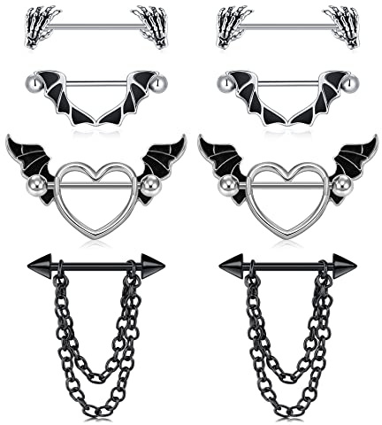 JFORYOU 4 Pairs Nipple Bars 14G 316L Stainless Steel Gothic Nipple Rings Skeleton Hand Bat Wing Heart Chain Dangle Halloween Nipple Piercing Jewellery