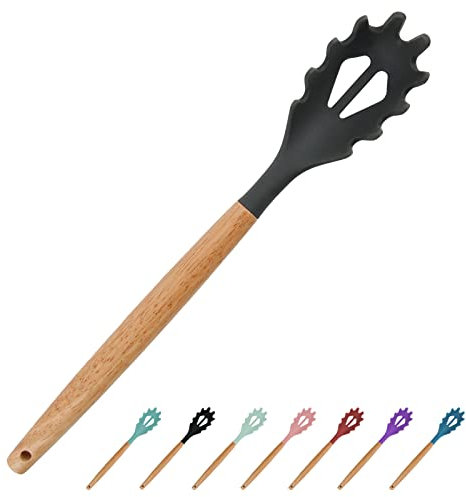 Forchetta per spaghetti in silicone grigio scuro con manico in legno, cucchiaio da 32,6 cm, senza BPA