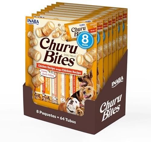 INABA Churu Bites Perros - Receta Saludable de Pollo - Deliciosa Comida con Relleno Húmedo - Rica en Proteína 768g (64x12g)
