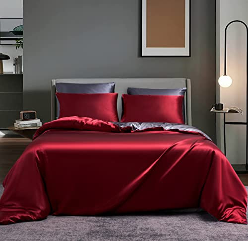 Boqingzhu Satin Bettwäsche 135x200cm 4Teilig Seide Rot Weinrot Grau Anthrazit Uni Glatt Glänzend Luxus Glanzsatin Wendebettwäsche Set 2 Bettbezüge mit Reißverschluss und 2 Kissenbezüge 80x80cm