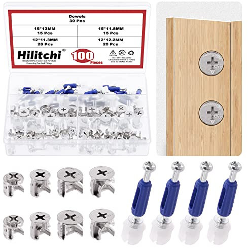 Hilitchi 100 conectores de tuerca de bloqueo de leva 3 en 1 para muebles con clavijas, ruedas de perno excéntricas, conectores de gabinete de fijación de muebles (15 x 13/15 x 11,8/12 x 11,3/12 x 12,2