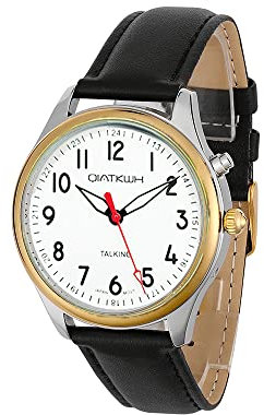 QIATKWH Deutsch sprechende Uhr,Gold und Silber Doppelfarbschale, schwarzes Lederarmband, Herrenstil