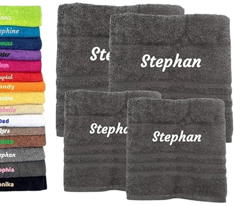 4er Pack Personalisiertes Handtuch und Badetuch mit Namen Schön gestickter Name Handbadetuch 100 % Baumwollhandtuch 2x (50 x 100 cm) + 2x (140 x 70 cm) Personalized Custom Towel with Name (Grau)