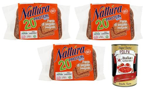 3x Náttúra Protein Sport Pane di Segale Integrale Bio-Roggenvollkornbrot mit Weizenproteinen, Leinsamen und Soja,Packung mit 250g + Italian Gourmet Polpa di Pomodoro 400g Dose