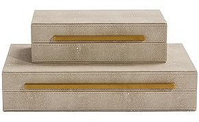 Kingflux Ivory Shagreen Leather Set of 2pcs Decorative Boxes, Storage Boxes Jewelry Organizer, Woment&Men's Accessory Organizer ，Memory Keepsake Box with Brushed Gold handle(Ivory)