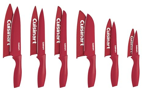 Cuisinart Knife Set, 12pc Ceramic Coated Knife Set with 6 Blades & 6 Blade Guards, Lightweight, Stainless Steel, Durable & Dishwasher Safe (Red)
