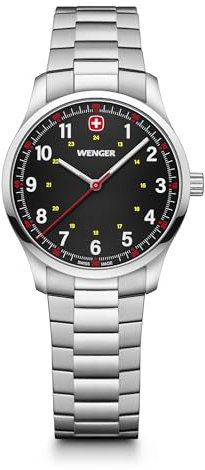 WENGER Damen Armbanduhr City Sport Ø 34 mm, Swiss Made, Analog Quarz, Wasserdicht bis 50 m, Edelstahl-Armband, Schwarz/Silber, 01.1421.128