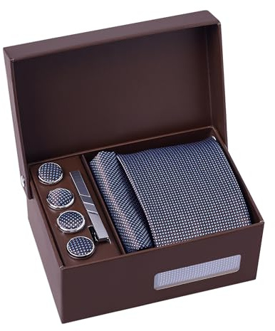 BRERA 67-5 Pezzi Cravatta Uomo elegante + Fazzoletto da taschino uomo + Gemelli + Copribottoni + Fermacravatta, Set uomo con confezione regalo