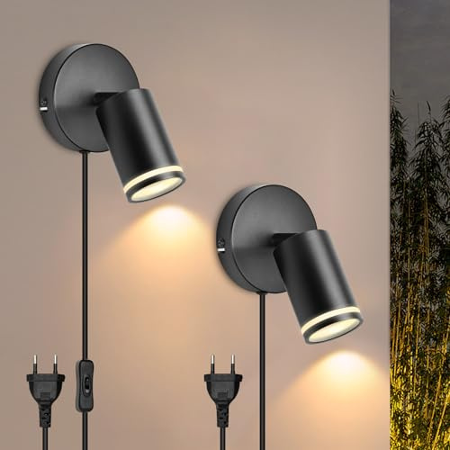 BOYIR Vägglampa för inomhusbruk med strömbrytare och uttag - LED-vägglampa med kabel, svart svängbar vägglampa 350° GU10 väggspotlight för vardagsrum, sovrum, hall, utan glödlampa, set om 2