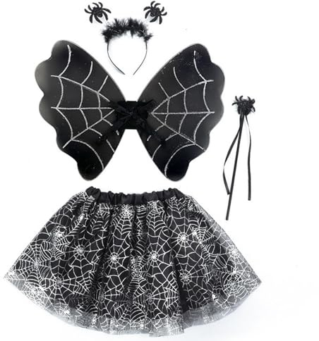 BRTNUP 4 delar halloween spindelnät kostym set inkluderar spindelnät tutu kjol, fjärilsvingar, hedband och stav spindel outfit för flickor barn halloween kostym cosplay tillbehör