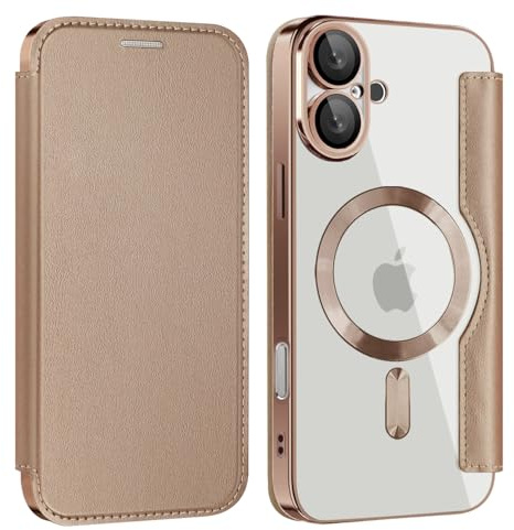 Unichthy Magnetic Flip Case for iPhone 16 Clear Cover |RFID Blocking| Wallet Purse Shockproof Leather Stand Cover Individual Protection for Each Lens Phone Skin for iPhone 16 Desert Gold