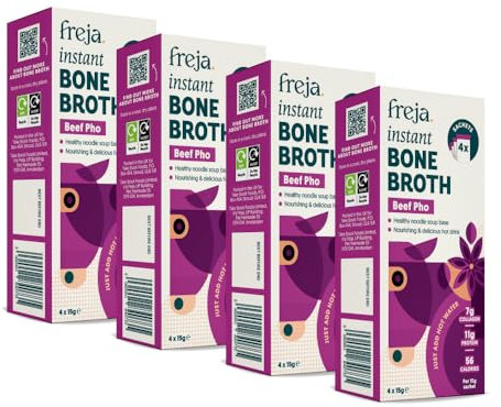 Freja Instant Pho Bone Broth | Beef | Limited Edition | 100% Natural | Rich in Collagen, Protein & Amino Acids | Dairy & Gluten Free, 4 boxes (4 x 15g Sachets Per Box)