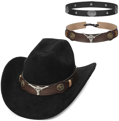 GEMVIE Cappello da cowboy in pelle scamosciata, due tipi di fascia per il cappello, falda larga, cappello western per uomo e donna, unisex, cappello western vintage, cappello da cowgirl, Nero , 56/58