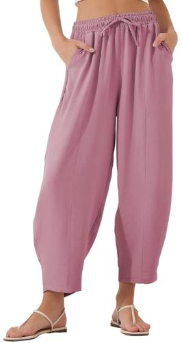 WINKEEY Pantalon Femme Fluide Été Taille Haute Élastique Pantalon Léger Large Chic et Élégant, Violet Rose S