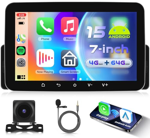VECHTEL 4G+64G Android 15 1 Din bilradio med trådlös Android Auto Carplay, 7-tums pekskärm bilradio HD IPS, stöd Bluetooth 5.0 FM-radio RDS GPS Wi-Fi-länk spegel USB-kamera
