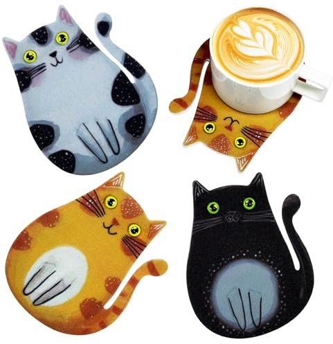 3 Pack Cat Coasters with Holder | Absorbent Felt Coaster Set for Mugs, Non-Slip Table Protectors, Unique Cartoon Kitten Designs, Washable & Scratch Protection Housewarming Gift