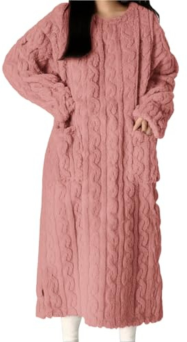 Långärmad husklänning för kvinnor med fickor – långärmad fleece vinter nattlinne – nattklänningar plusstorlek vinterrock pyjamas med fickor plysch myskläder vinter morgonklänning, Rosa, M
