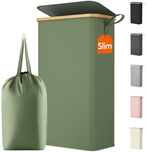 Lifewit 65L Slim Laundry Basket with Lid, Narrow, Removable Bag, Green | Bamboo Handles, Foldable Thin Laundry Bin, Dirty Clothes Hamper for Laundry, Bathroom, Bedroom and Dorm