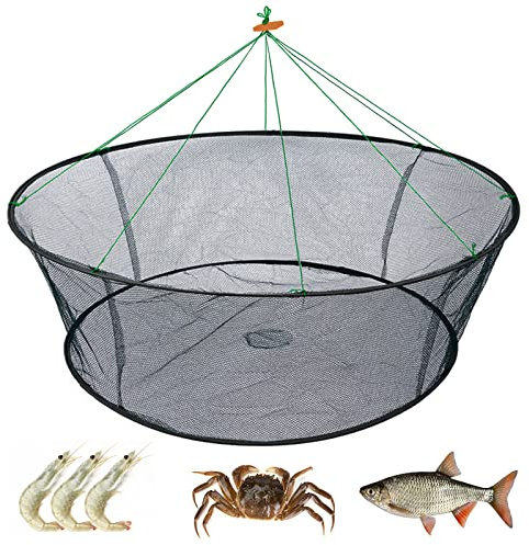 WEISGJA Portable Folded Fishing Net, Crab Net Fish Net with Fishing Rope, Hand Casting Cage Crab Net, Foldable Fishing Mesh Trap for Minnows,Lobster,Crawfish,Shrimp etc. (39.4inch/100cm)