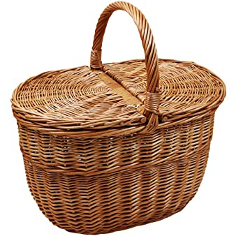 Cesta de mimbre para pícnic/camping, cesta de la compra, para frutas, verduras o setas, con doble tapa, cesta de almacenamiento, tejida a mano, 41 x 30 cm, 25/40 cm