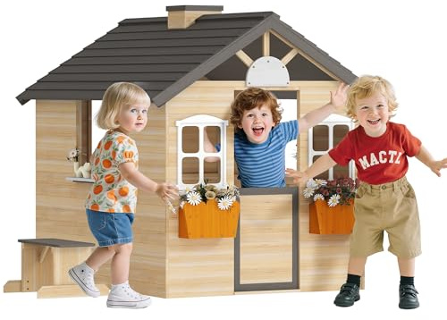 Outsunny Wooden Playhouse for Kids, Outdoor Wendy House with Door, Windows, Bench, Service Stations, Flower Box, for Ages 3-7 Years, Natural