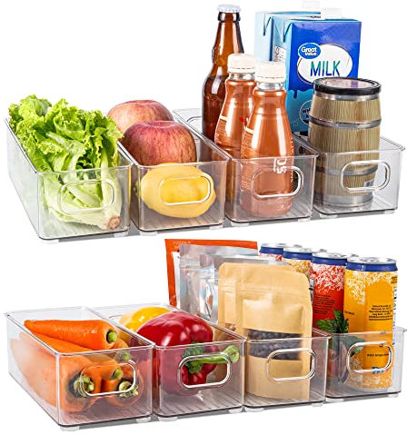 ASAB Pack of 8 Stackable Fridge Organisers Drawer Kitchen Storage Container w/ Handles BPA Free Multi-Purpose Organiser Boxes Pantry Cupboard Snacks Clear Makeup Storage Organisers，Transparent