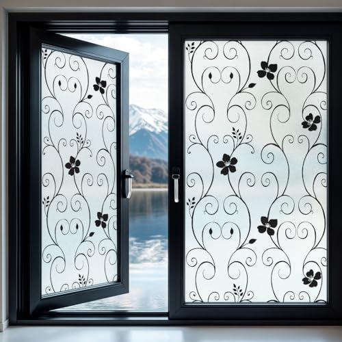 DUOFIRE Privacy Window Film Frosted Decorative Window Sticker Non Adhesive No-Glue Static Cling Glass Film Anti-UV Film (Black Pattern 44.3cm X 200cm)