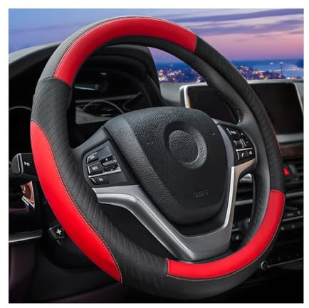 JNNJ Steering Wheel Cover Car, Steering Wheel Cover Leather 37-38cm, Sport Anti-Slip Breathable Steering Wheel Cover, Comfortable Protective Interior Accessories for Women Men(Black/Red)