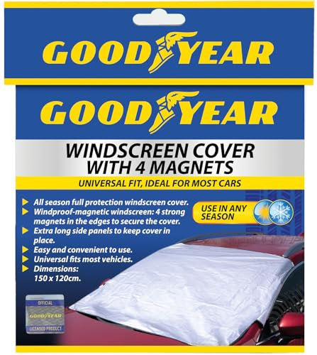 Goodyear Magnetic Car Windscreen Cover | Protect from Snow Frost Freezing Windshield | 4 High Powered Magnets | Double Protection Side Flaps, Silver