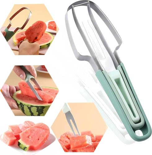 3-in-1 Edelstahl Obstschneider Multitool | Profi-Wassermelonen-Schneider + Doppelkopf-Fruchtgabel | Rutschfester Rundgriff | Ideal für Melonen, Mangos & mehr (Beige)