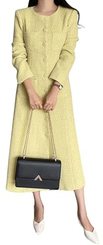 CHARTOU Women Tweed Dress Long Sleeve Single Breast Elegant Lady Long Tweed Blazer Dress (Medium,Yellow)
