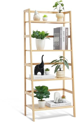 VEVOR 4-stöckiges Bambus Leiterregal trapezförmiges offenes Bücherregal, Aufbewahrungsregal, freistehender Blumenpflanzenständer Aktenregal ideal für Badezimmer Schlafzimmer Büro Arbeitszimmer