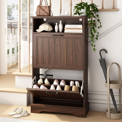 Shoe Storage Cabinet with 2 Flip Drawers, 24 W Farmhouse Modern Hidden Shoes Rack Cabinet with Adjustable Shelves & Open Storage, Narrow Slim Shoe Organizer for Front Door Entrance, Entryway, Walnut