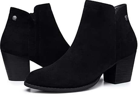SHIBEVER Women's Ankle Boots Heel: Chunky Low Heeled Almond Toe Short Booties Black Size 7 with Zipper Faux Suede Dress Western Fall 2025 Shoes