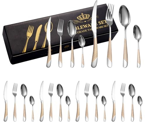 24-pack rostfritt stål servis, slitstarkt rostfritt stål bestick med gaffel, skedar, stekknv, diskmaskinssäker (silver och guld)