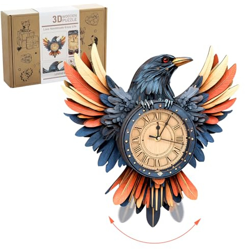 Lilcubics 3D Wooden Halloween Decorations Crow Clock Puzzle for Adults - Mechanical Model Building Kit with Pendulum & Chime, DIY Wall Clock for Home Office Christmas Decor