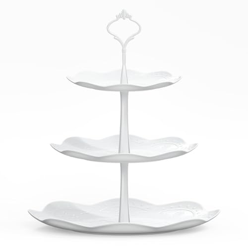 3 Tiered Cake Stands, 3 Tiers Cake Display Stands, White Afternoon Tea Standss, Plastic 3 Tier Cupcake Stand for Birthday Wedding Party Fruit Dessert Food Cup Cakes Donut Stand Serving Platter