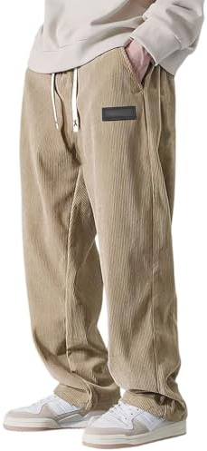 Générique Pantalon en Velours Côtelé pour Hommes Couleur Unie Pantalon Baggy avec Cordon de Serrage Jambes Larges Décontracté Ample Pantalon Décontracté