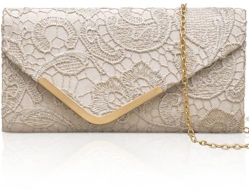 Larcenciel Bolso Fiesta Mujer Albaricoque, Elegante Bolso de Mano de Satén con Encaje y Cadena Desmontable, Nude Clutch Fiesta de Noche Vintage con Estampado Floral para Boda, Fiesta, Cena, 22x11x5CM