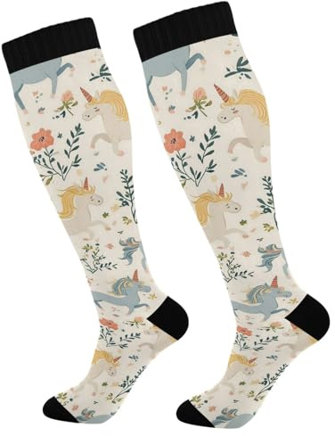 Patrón De Flores Silvestres De Unicornios Calcetines Altos Largos Calcetines De Compresión Correr Medias Hasta La Rodilla Para Maternidad Senderismo Salud Soporte 1 Par 50Cm