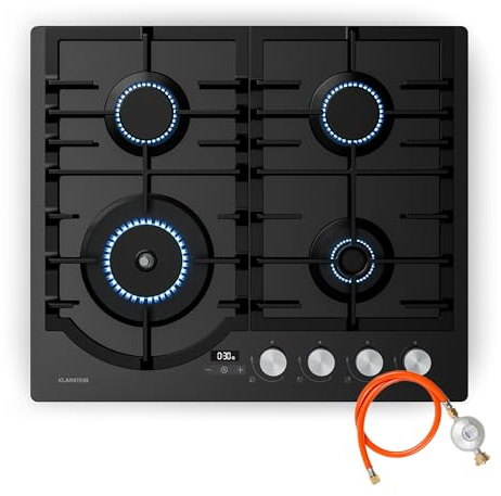 Klarstein Ignito gasplatta, 4 brännare, aluminium, 8 000 W, timer, flamsäkerhet, gjutjärn, elektrisk tändning, 60 x 51 cm, LPG och naturlig gasplatta, svart