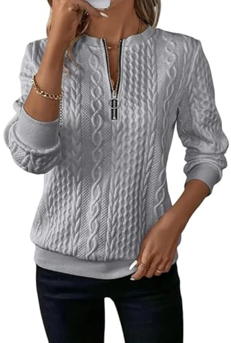 Sukiglam Felpa Donna Senza Cappuccio Mezza Zip Scollo a V Maglione a Maniche Lunghe in Maglia Treccia Elegante Pullover Casual Camicia Moda Felpe Tinta Unita Base Top Autunno Inverno