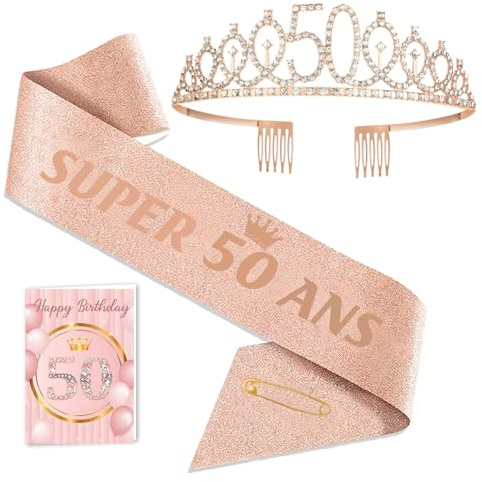 Toctax Couronne et Écharpe Anniversaire avec Carte - Pour 18, 30, 40, 50, 60, 70 Ans - Cadeau et Décoration pour Femme - Accessoire Fête d'Anniversaire