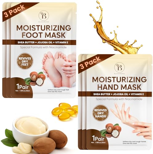 Masque Main & Masque Pied Hydratants pour Mains et Pieds Très Secs, Gants et Chaussettes au Beurre de Karité, Huile de Jojoba & Vitamine E, Femmes/Hommes (3 Paires de Gants + 3 Paires de Chaussettes)