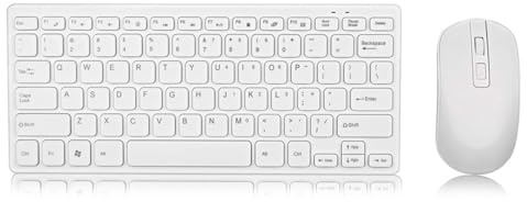 2,4 G trådlöst mini-tangentbord och mus kombo – ultratunt kontorsset för PC, bärbar dator och surfplatta | Kompakt design med USB nanomottagare, Plug & Play-funktion (vit) [KM02]