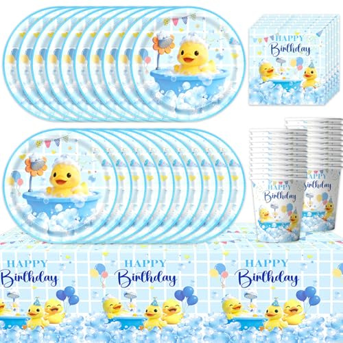 Juego de vajilla de fiesta de pato de 61 piezas, decoración de fiesta de verano, suministros de cumpleaños para niños y niñas, baño de bebé, cumpleaños temático, platos de animales, toallas de papel