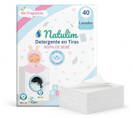 Natulim - Detergente en Tiras para Bebés (40 Lavados) - Fórmula Ultraconcentrada Sin Fragancia - Limpieza Suave en Agua Fría para Ropa Delicada - Ropa Limpia y Suave sin ensuciar el Planeta