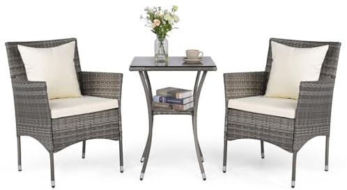 COSTWAY 3-Piece Patio Bistro Set, PE Rattan Furniture Set with 2 Cushioned Chairs and Tempered Glass Table, Outdoor Furniture Wicker Conservatory Sets for Balcony & Backyard (White, 57 x 57 x 82cm)